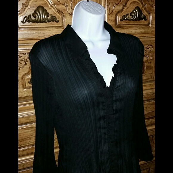 Sunny Taylor Tops - Pleated Black Blouse with Bell-Cuffed Sleeves